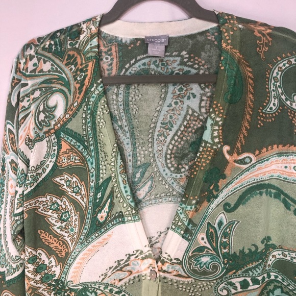 Chico’s Women’s Cardigan Sweater Light Weight Long Deep V Neck Paisley - Picture 5 of 9